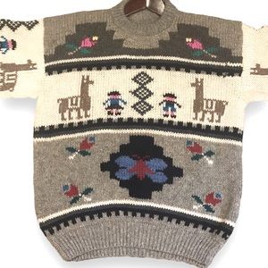 Hand knit Natural Fiber Sweater Peruvian Llamas - XL